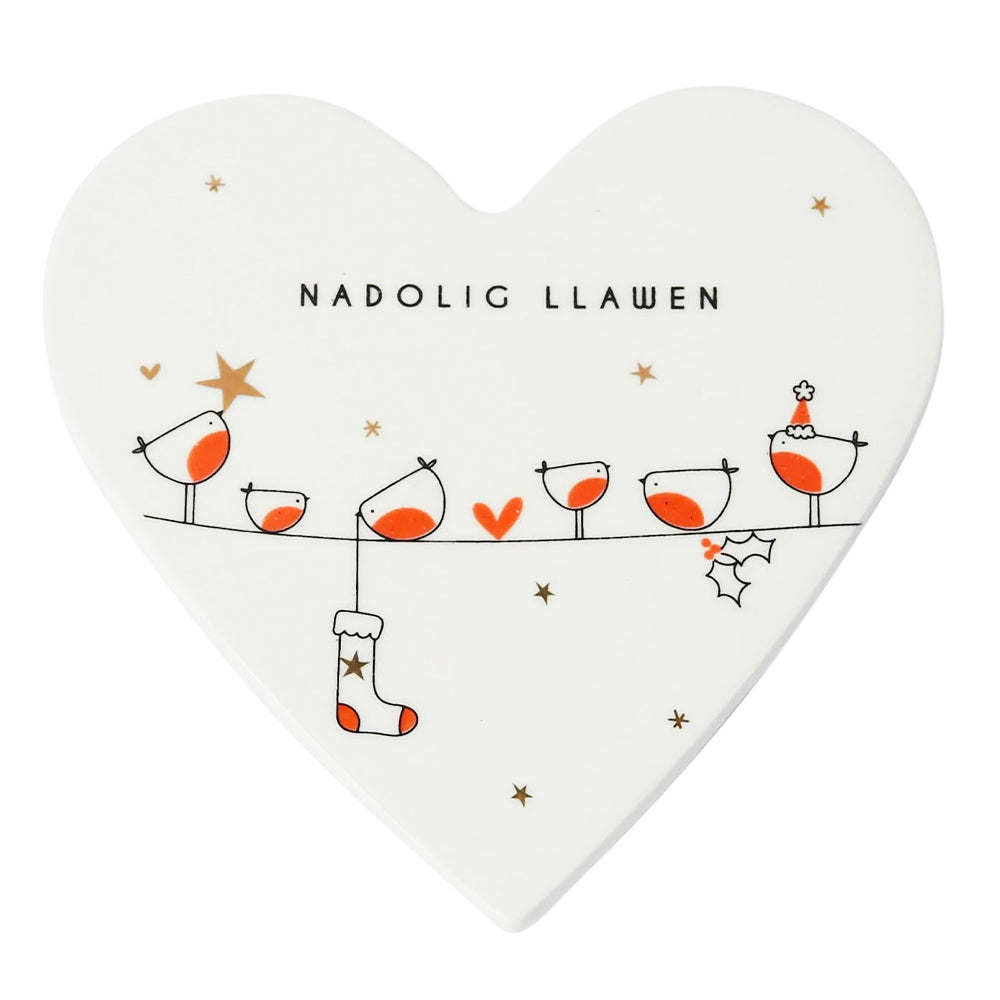 Christmas Robin | Welsh Nadolig Llawen | Porcelain Heart Coaster Gift