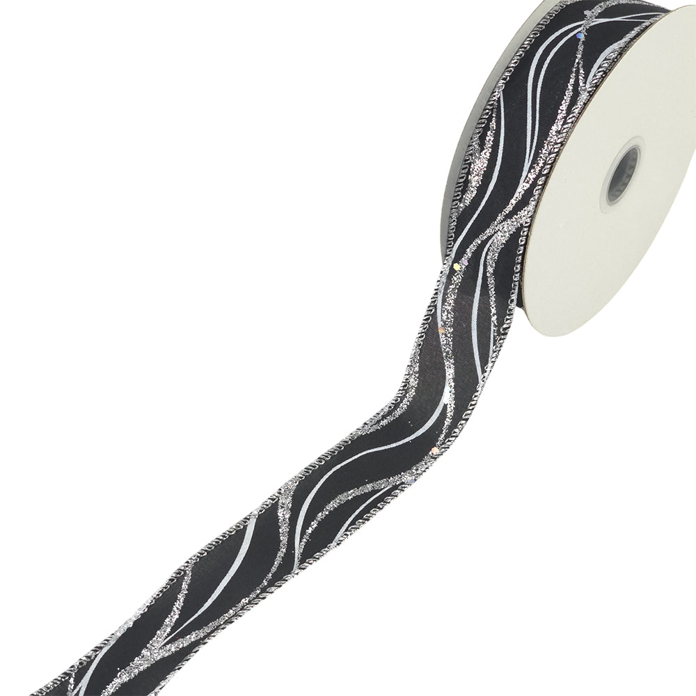 Black/Silver or White/Red Christmas Glitter Wired Ribbon | 25mm Wide | 10m Reel
