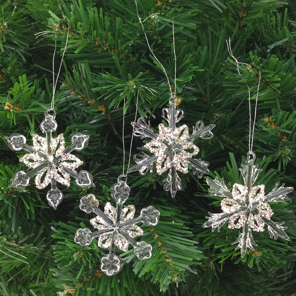 Hanging Glass Snowflakes | Set of 4 | 65mm Wide | Christmas Tree Decorations
