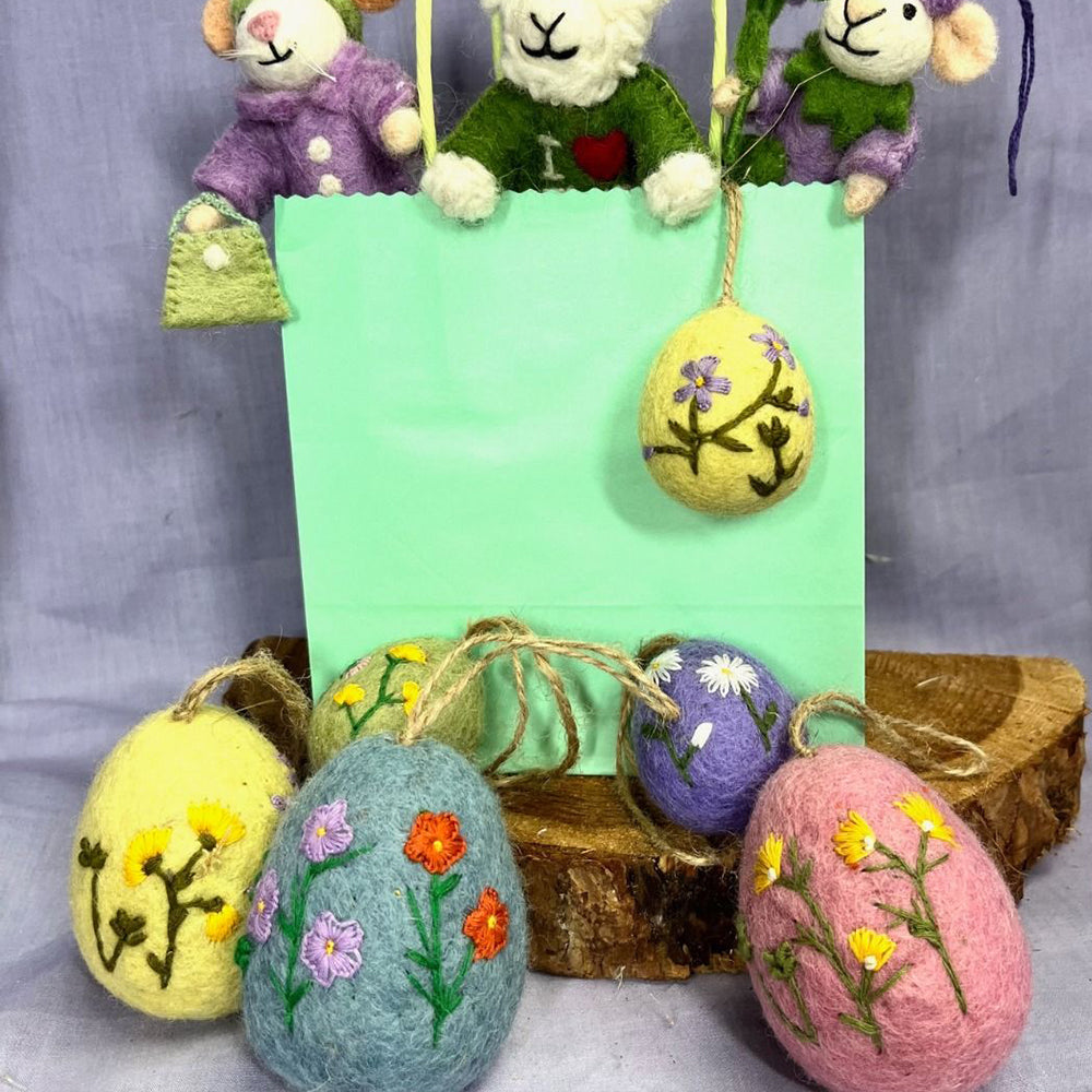 Trio of Pretty Hanging Felt Embroidered Easter Eggs | Handmade Fairtrade