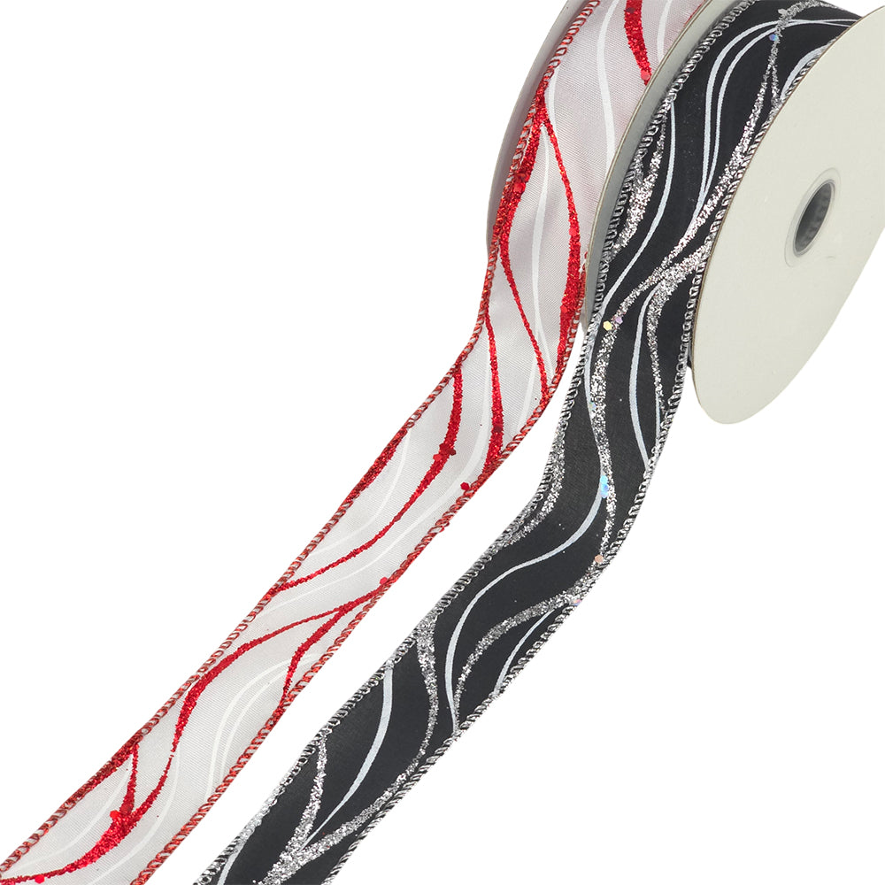 Black/Silver or White/Red Christmas Glitter Wired Ribbon | 25mm Wide | 10m Reel
