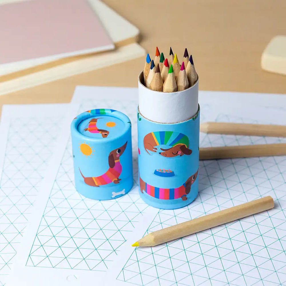 Sausage Dog | 12 Short Dachshund Coloured Pencil Crayons | Mini Gift | Cracker Filler