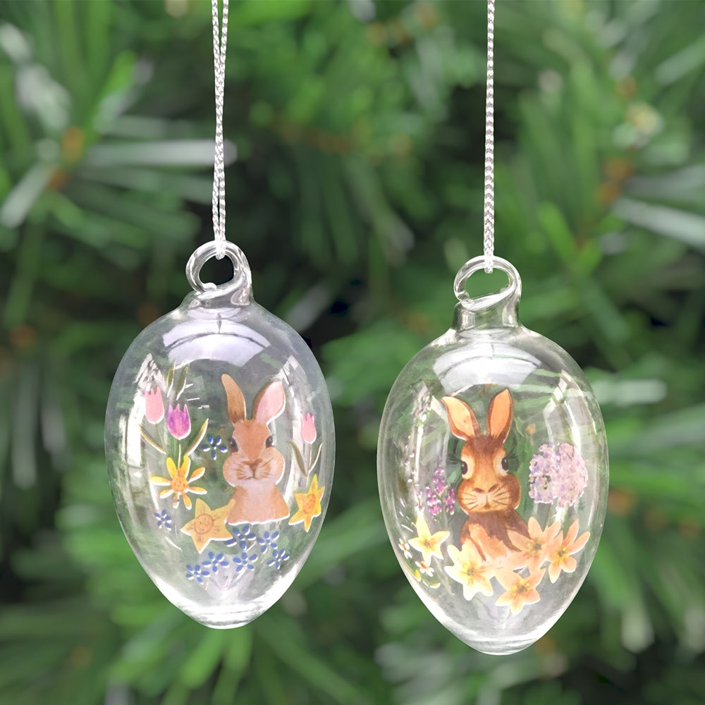 Spring Flowers & Bunnies | Clear Glass Hanging Easter Eggs | 2 Pieces | 6cm Tall