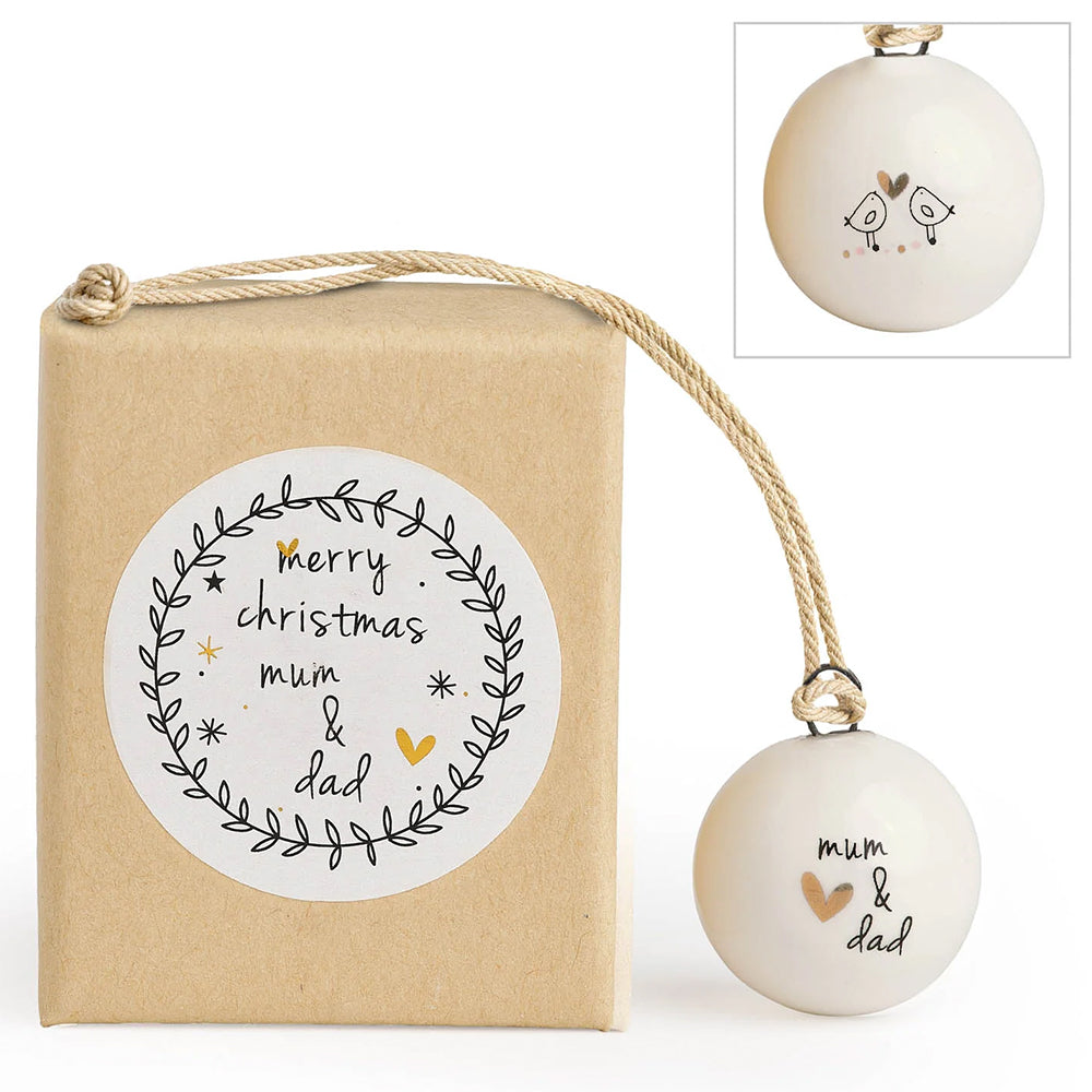 Merry Christmas Mum & Dad | Tiny Boxed Ceramic Bauble | Cracker Filler