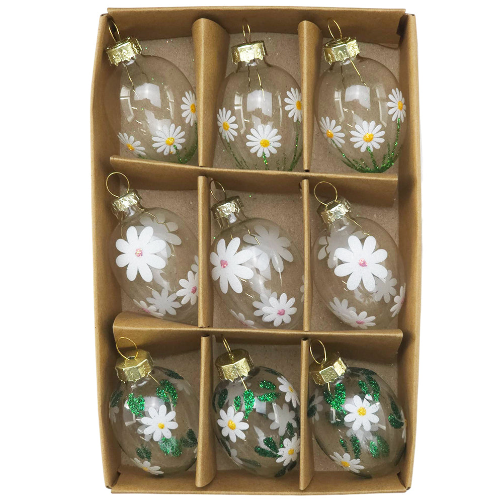 Pretty Daisies | Clear Glass Hanging Easter Egg Ornaments | 9 Pieces | 4cm Tall