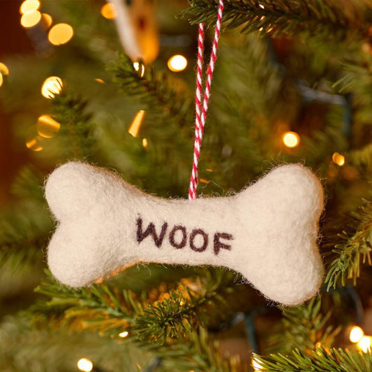 WOOF | Felt Dog Bone Hanging Decoration | Fair Trade | Mini Gift | Cracker Filler