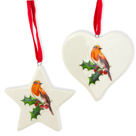Robin on Holly Duo | Ceramic Hanging Christmas Tree Decorations | Gisela Graham