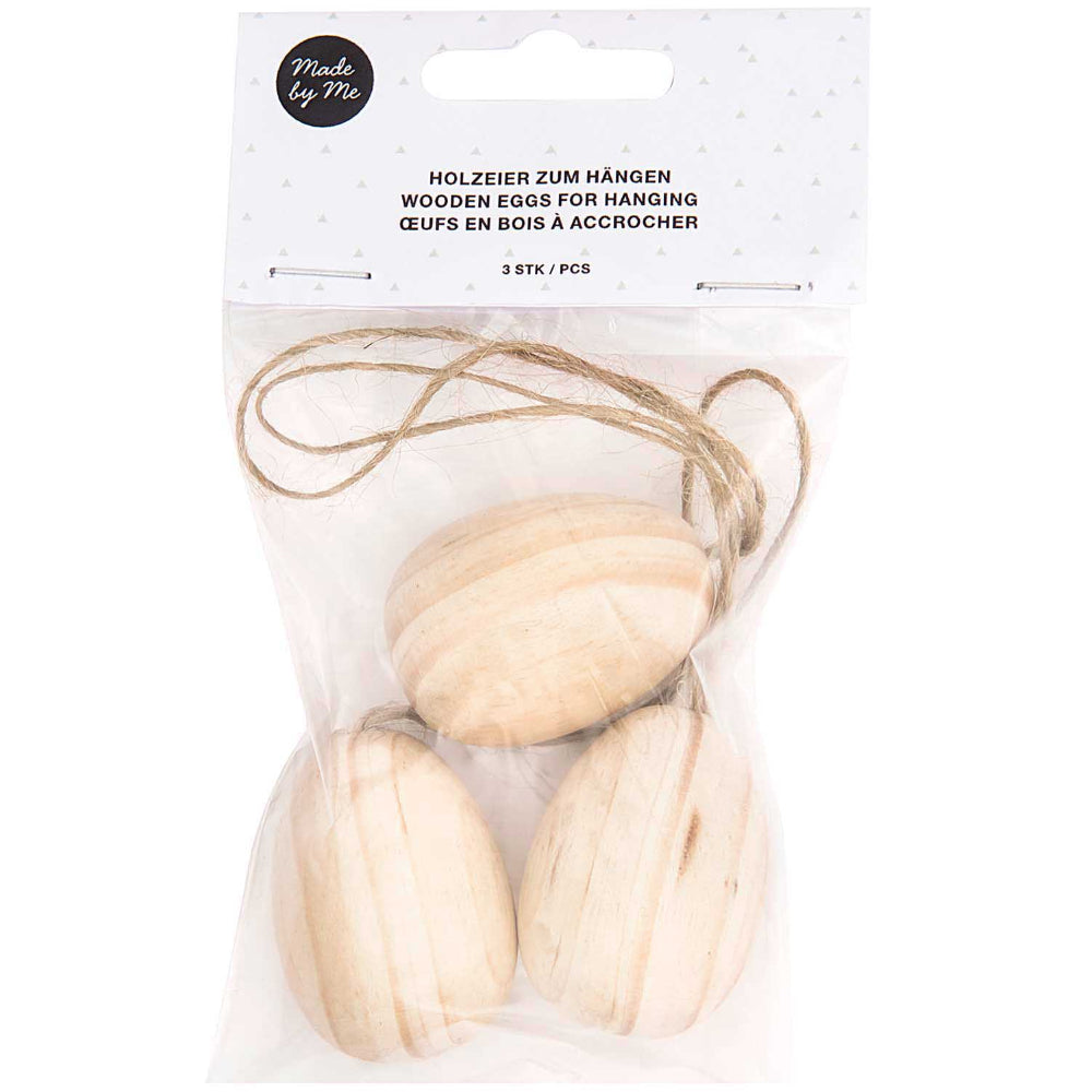 3 Natural Untreated Wooden Hanging Easter Eggs with Cords - 4.3cm Tall