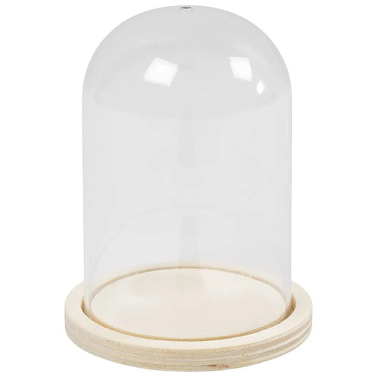Small Hanging Clear Plastic Bell Jar with Wooden Base | 9cm Tall Cloche
