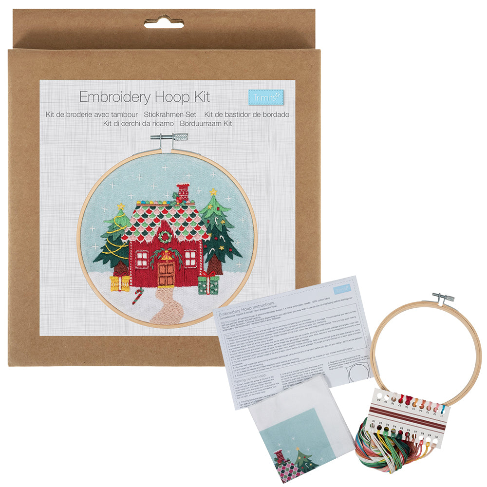Christmas Gingerbread Cottage | Complete Embroidery Kit with Hoop | 15cm Wide