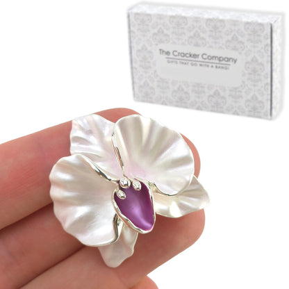 Lilac-White Orchid Silver Plated Brooch | Ladies Little Gift | Cracker Filler