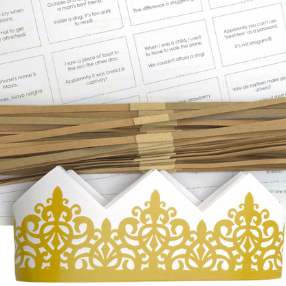 Gold Adjustable Paper Hats, Jokes and Cracker Snaps | DIY Cracker Accessory Pack