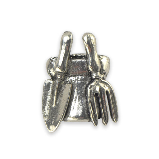 Plant Pot & Tools | English Pewter Pin Badge | Little Gift | Cracker Filler