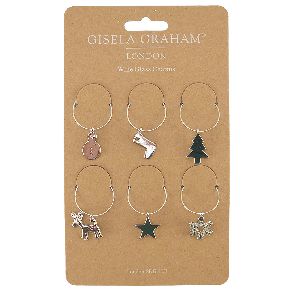 6 Silver Metal Christmas Wine Glass Charms | Cracker Fillers | Gisela Graham