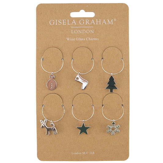 6 Silver Metal Christmas Wine Glass Charms | Cracker Fillers | Gisela Graham