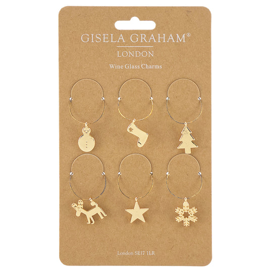 6 Gold Metal Christmas Wine Glass Charms | Cracker Fillers | Gisela Graham