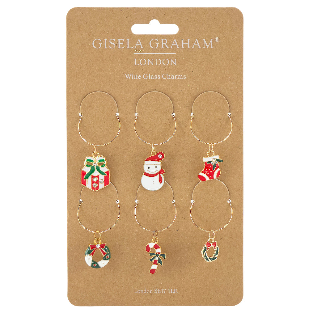 6 Enamelled Christmas Wine Glass Charms | Cracker Fillers | Gisela Graham