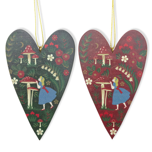 Pair of Alice in Wonderland Wooden Hanging Hearts | Home Decor & Christmas Tree