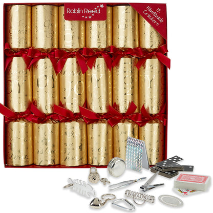 12 Classic Gold Foil Christmas Crackers | 30cm | With Plastic Free Gifts
