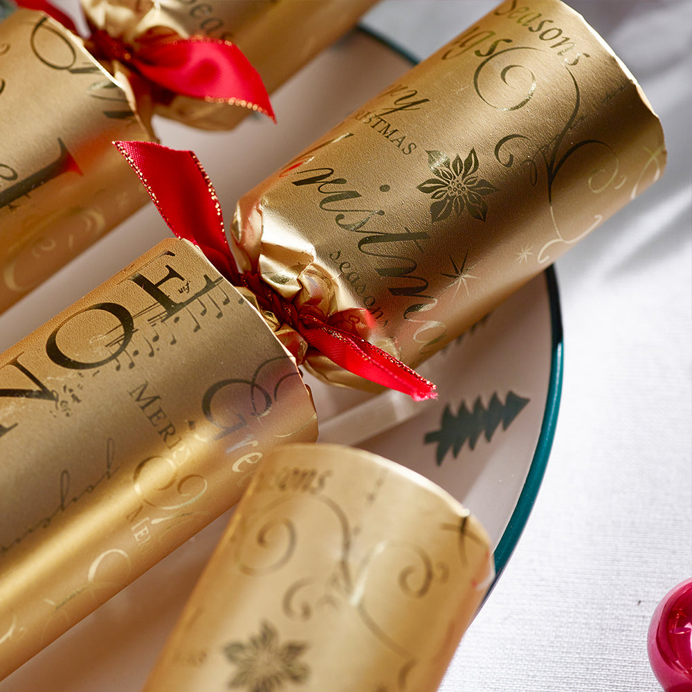 12 Classic Gold Foil Christmas Crackers | 30cm | With Plastic Free Gifts