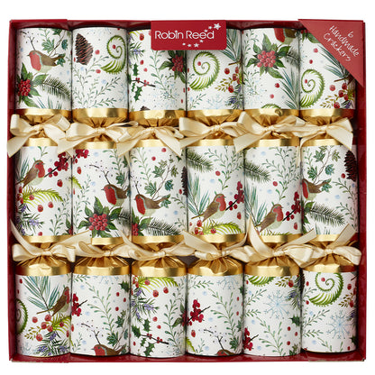 6 Festive Robin Luxury Christmas Crackers | 35cm | With Non-Plastic Gifts