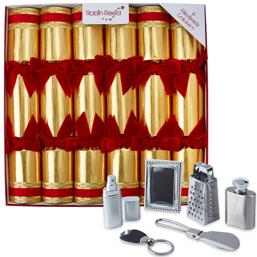 6 Festive Red & Gold Luxury Christmas Crackers | 34cm | Non-Plastic Gifts