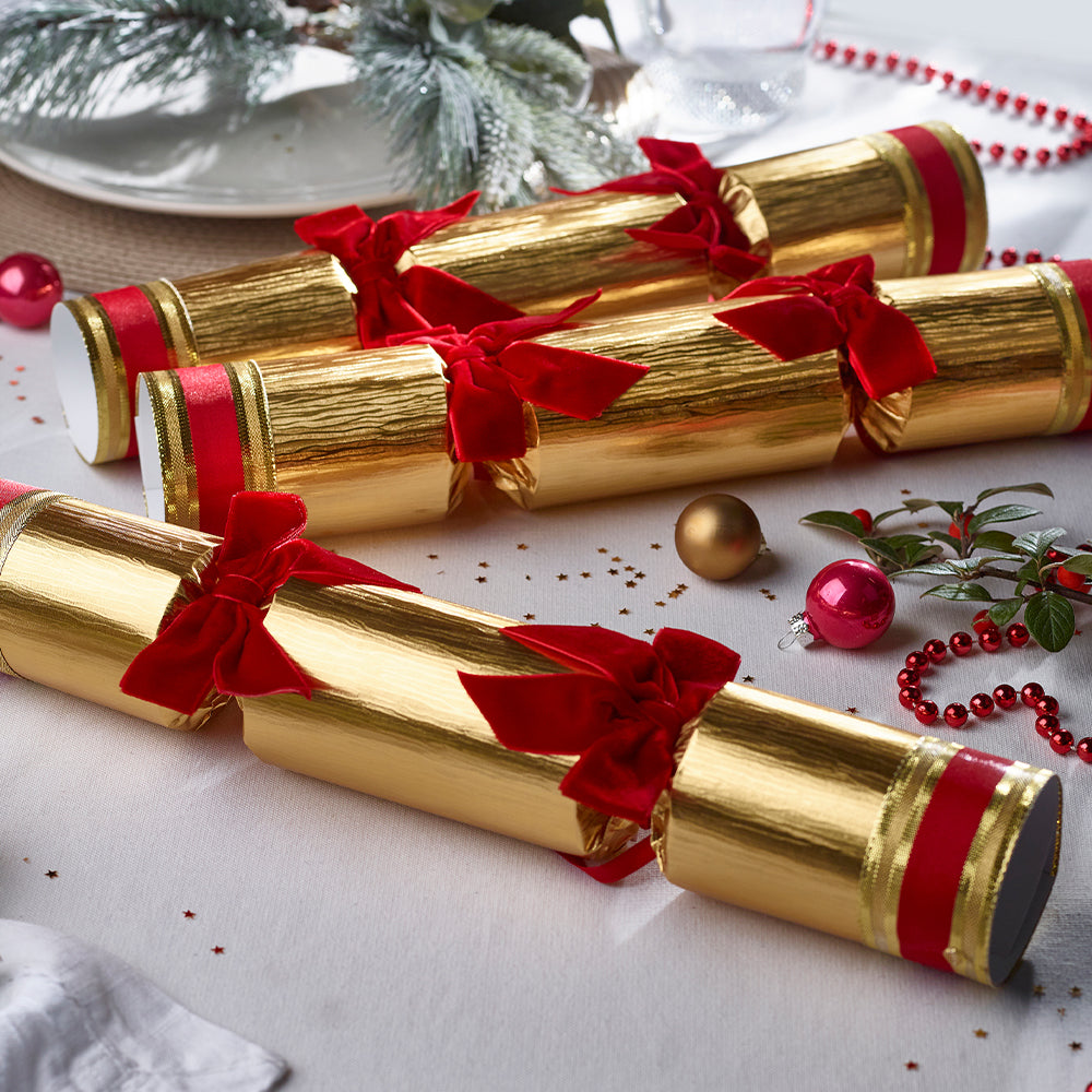 6 Festive Red & Gold Luxury Christmas Crackers | 34cm | Non-Plastic Gifts