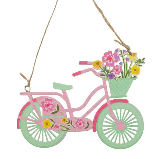 Pretty Springtime Bicycle | Hanging Wooden Ornament | 10cm Wide | Gisela Graham