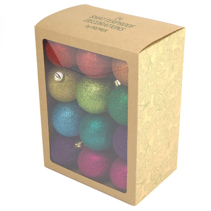 6cm Rainbow Glitter Hanging Baubles | 24Pk | Shatterproof Christmas Tree Decorations