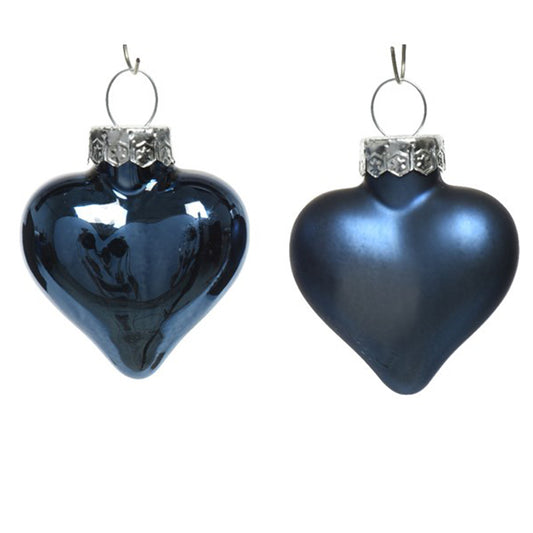 4cm 12 Glass Night Blue Heart Shaped Baubles | Christmas Tree Decorations