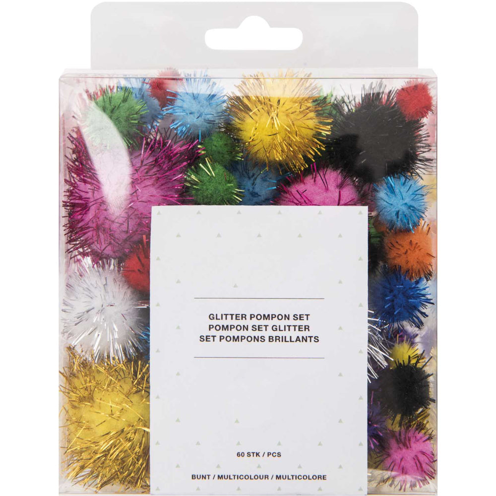 60 Tinsel Craft Pom Poms - Mixed Glitter Colours (10 to 45mm)