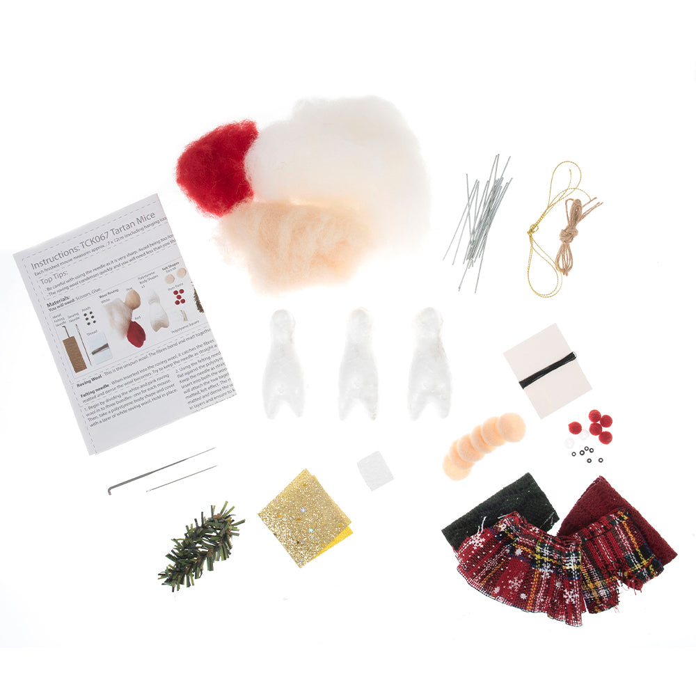 Tartan Mice Trio | Needle Felting Kit | Complete Christmas Craft Kit