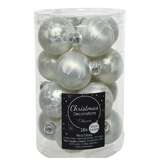 16 3.5cm White Ice Glass Christmas Tree Bauble Decorations