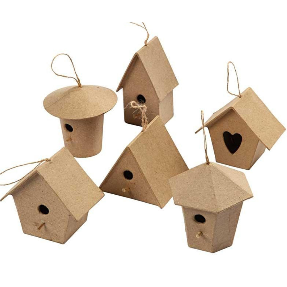 6 Mini Paper Mache Birdhouse or Bird Box Ornaments