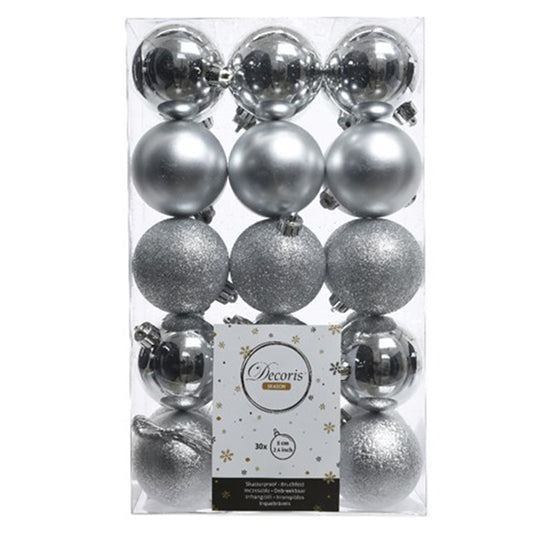 6cm Silver Shatterproof Baubles 30 Pack | Christmas Tree Decorations