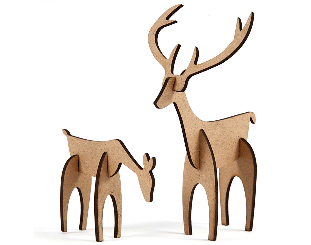 2 MDF Wood 3D Stag & Hind Deer or Reindeer Shapes to Decorate for Christmas