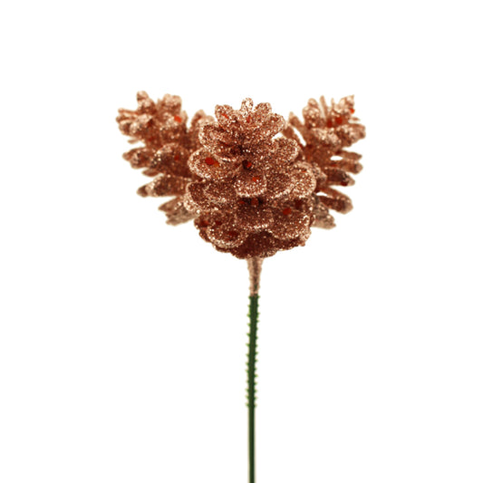 19cm Glittered Pinecone Christmas Faux Floristry Pick | Rose Gold