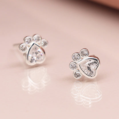 Sterling Silver Crystal Paw Print Stud Earrings | Mini Gift | Cracker Filler