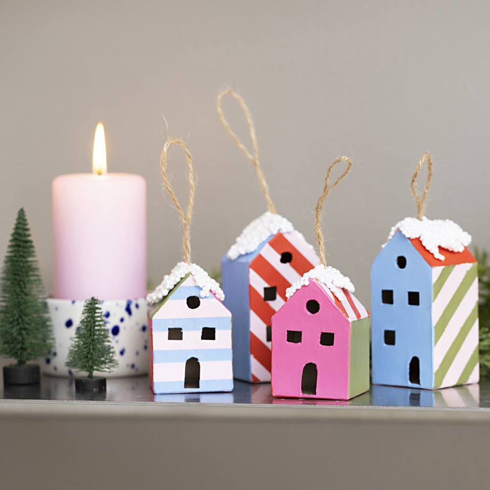 Striped Christmas Houses Craft Kit | Makes 4 Hanging Christmas Tree Decorations
