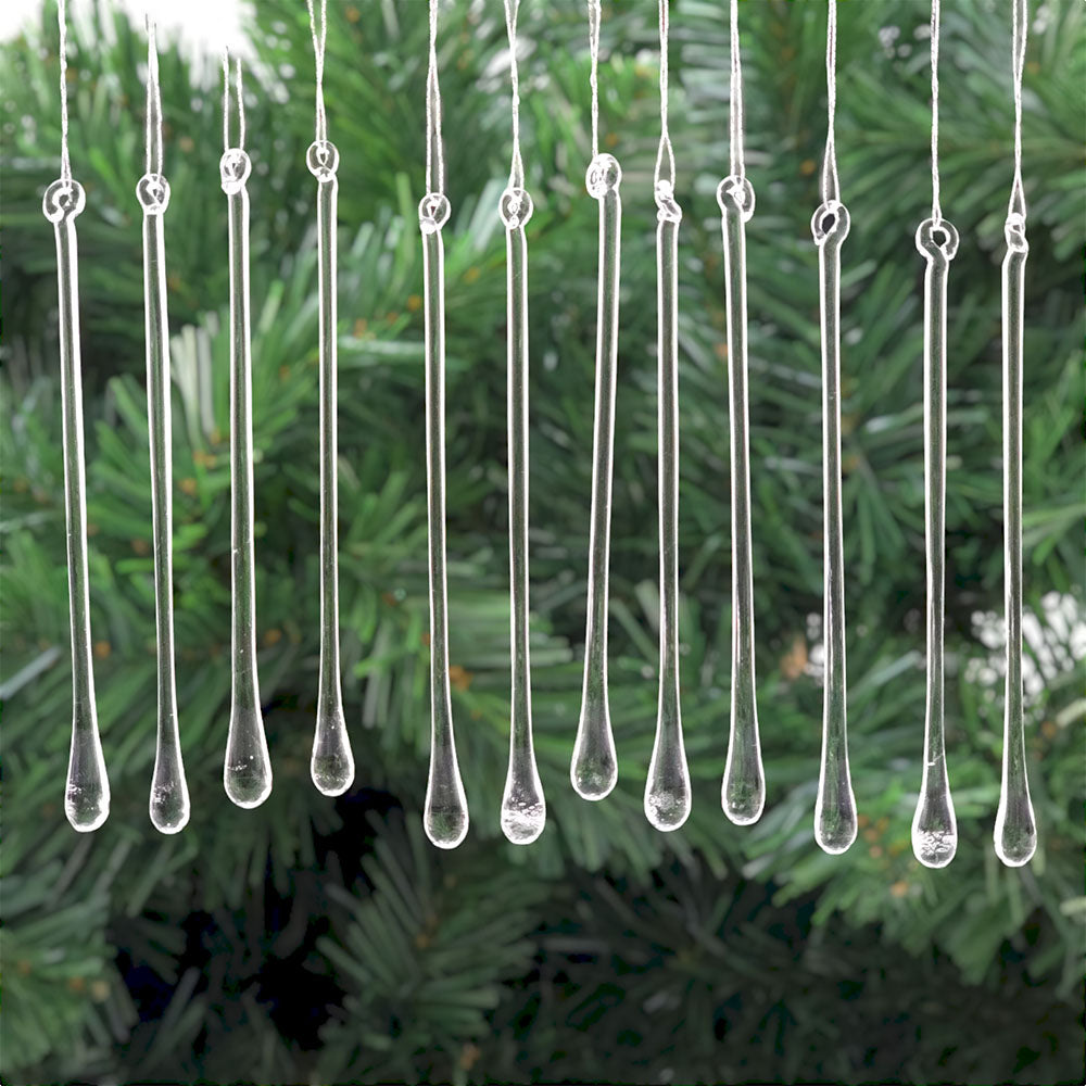 Clear | Glass Water Drops | Set of 12 | Christmas Tree Decorations | 12cm