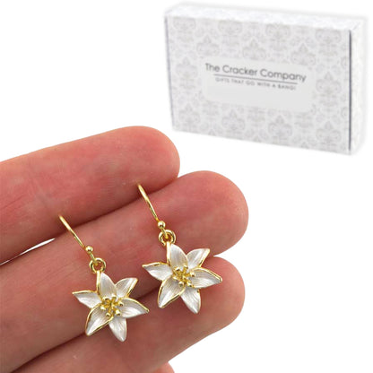White Lily | Gold Plated Drop Earrings | Little Gift | Cracker Filler