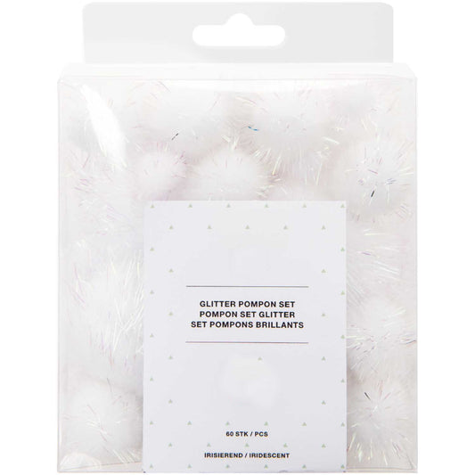 60 Tinsel Craft Pom Poms - Iridescent White Glitter (10 to 45mm)