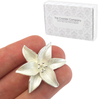 Lily Flower Silver Plated Brooch | Pearly White | Little Gift | Cracker Filler
