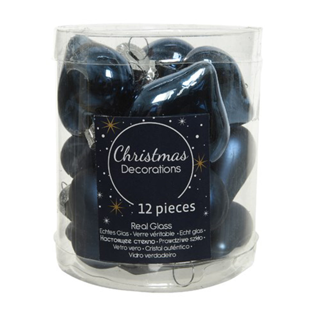 4cm 12 Glass Night Blue Heart Shaped Baubles | Christmas Tree Decorations