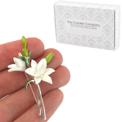 Lily Spray Brooch | Pearlescent White | Silver Plated | Cracker Filler Gift