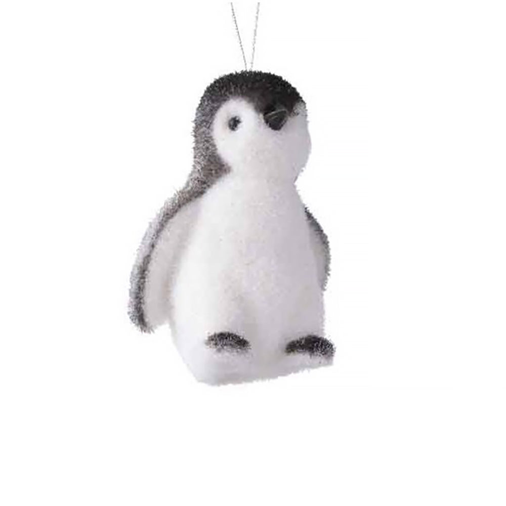 Wings Down | Black and White Flocked Penguin | Hanging Christmas Decoration