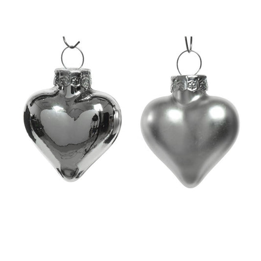 12 4cm Silver Heart Shape Glass Christmas Tree Bauble Decorations