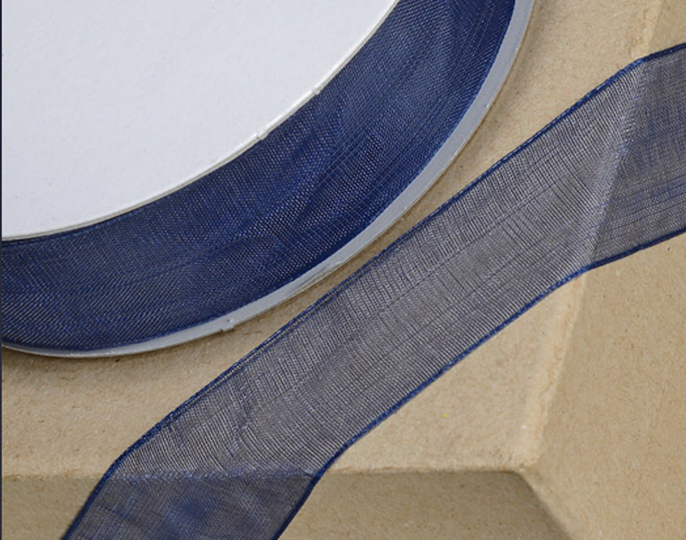 25m Navy Blue 15mm Wide Woven Edge Organza Ribbon for Crafts