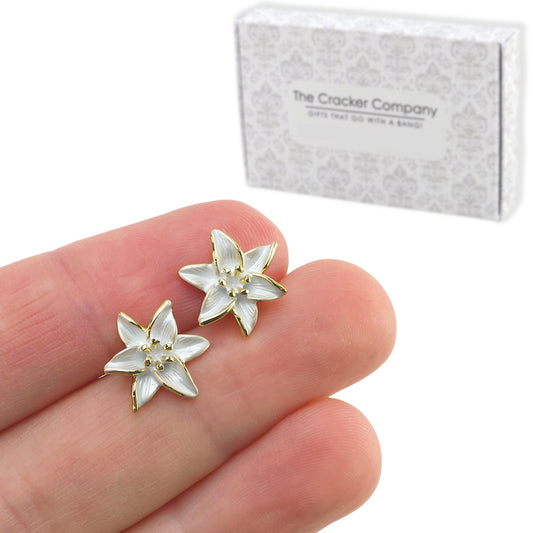 White Lily Flower | Gold Plated Stud Earrings | Little Gift | Cracker Filler