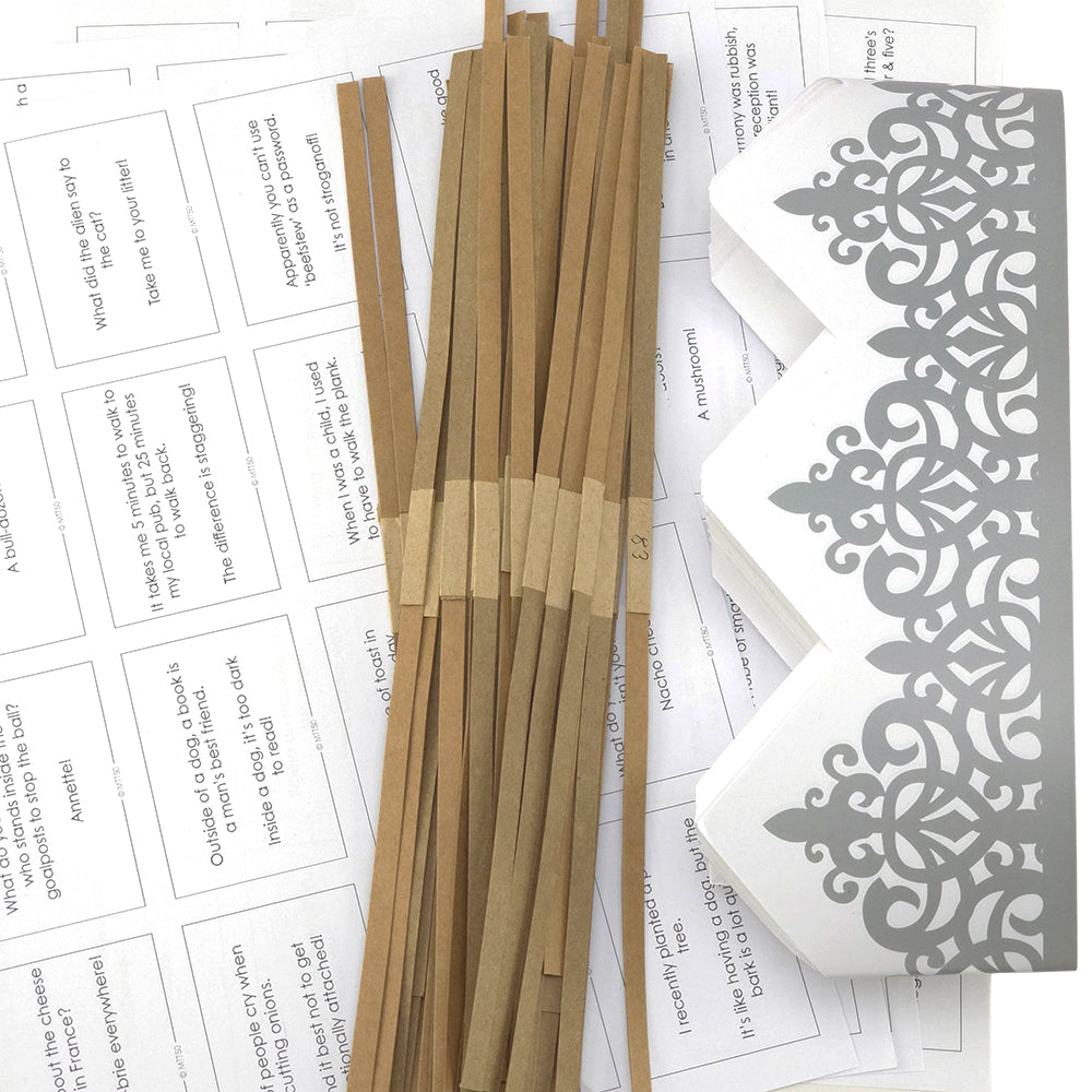 Silver Adjustable Paper Hats, Jokes and Optional Snaps | DIY Cracker Accessory Pack